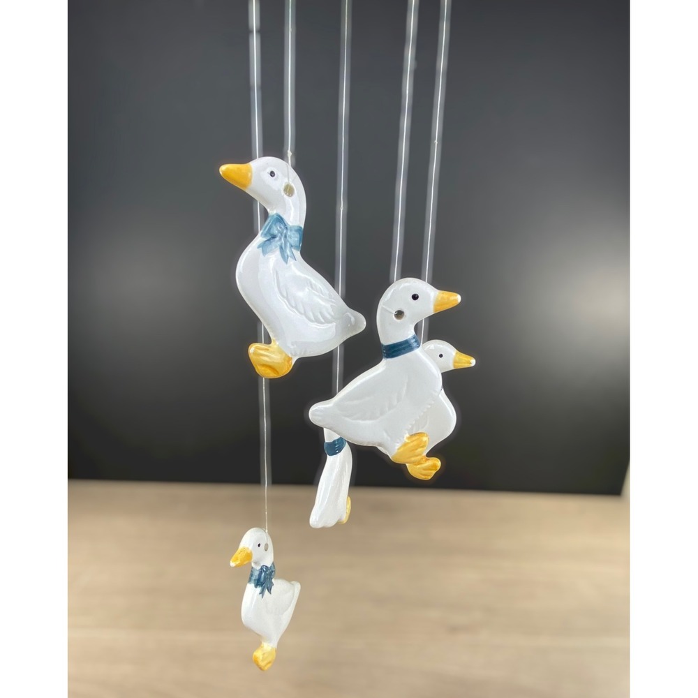 Goose Hanging Mobile Ceramic Blue Ribbon Country Cottage Wall Decor 1980s